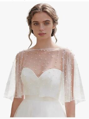 Elegant White Pearl-Embellished Bridal Cape